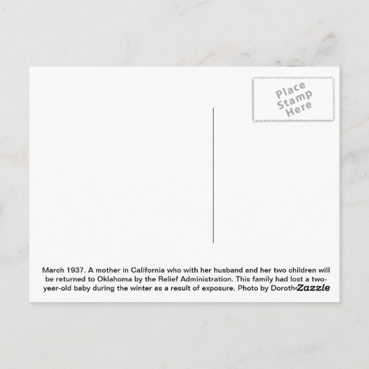 Jonge moeder in Californië 1937 Briefkaart (Achterkant)