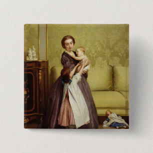 Jonge moeder met haar kinderen in een salon vierkante button 5,1 cm