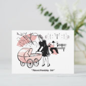 Jonge moeder met kinderwagen, grappig save the date (Staand voorkant)