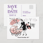 Jonge moeder met kinderwagen, grappig save the date (Voorkant / Achterkant)