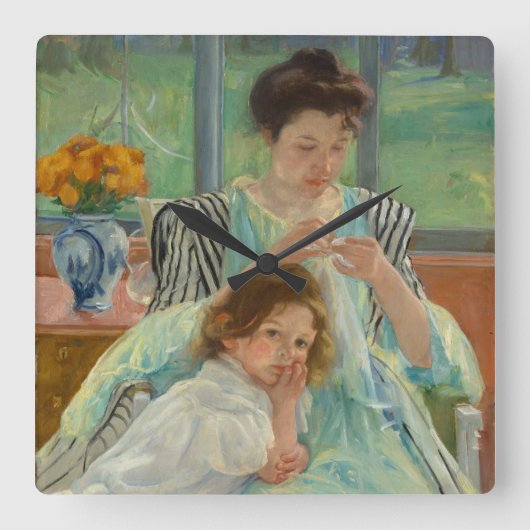 Jonge moeder naaien vierkante klok (Voorkant)