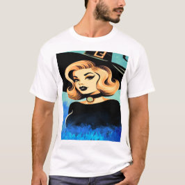 Jonge mooie heks omgeven door blauwe rook t-shirt