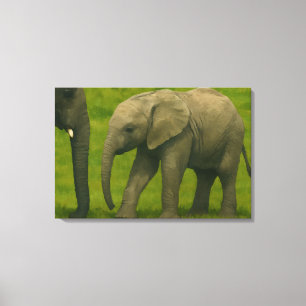 Jonge olifant met voogd in grasreservaat canvas afdruk