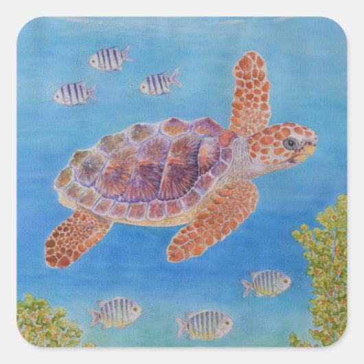 Jonge onechte karetschildpad vierkante sticker (Voorkant)