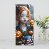 Jonge Redhead Demon met Pet Halloween Kaart (Staand voorkant)