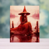 Jonge rode heks zit op kapotte pier acryl bord (Neutraal)