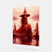 Jonge rode heks zit op kapotte pier acryl bord (Hoek)