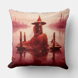 Jonge rode heks zit op kapotte pier kussen