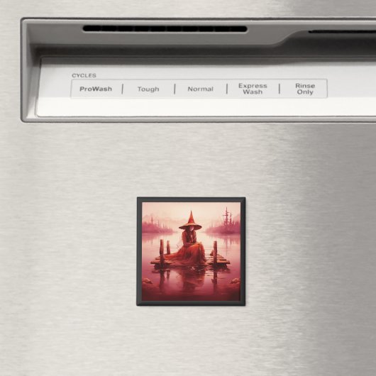 Jonge rode heks zit op kapotte pier magneet (Insitu (Vaatwasser))