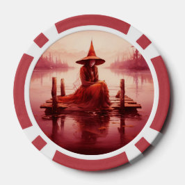 Jonge rode heks zit op kapotte pier poker chips