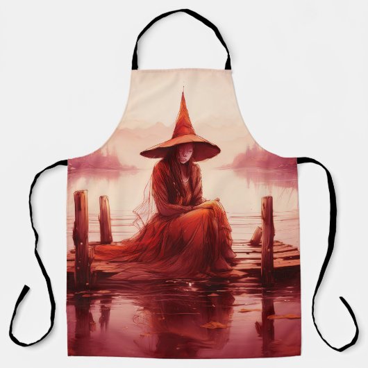 Jonge rode heks zit op kapotte pier schort (Voorkant)