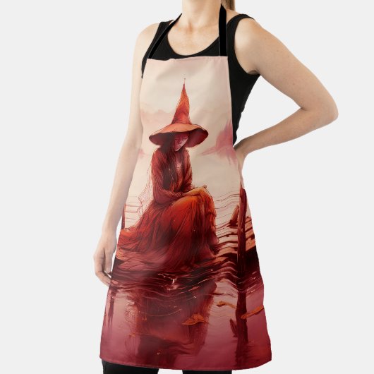 Jonge rode heks zit op kapotte pier schort (Insitu)