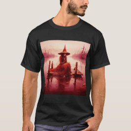 Jonge rode heks zit op kapotte pier t-shirt