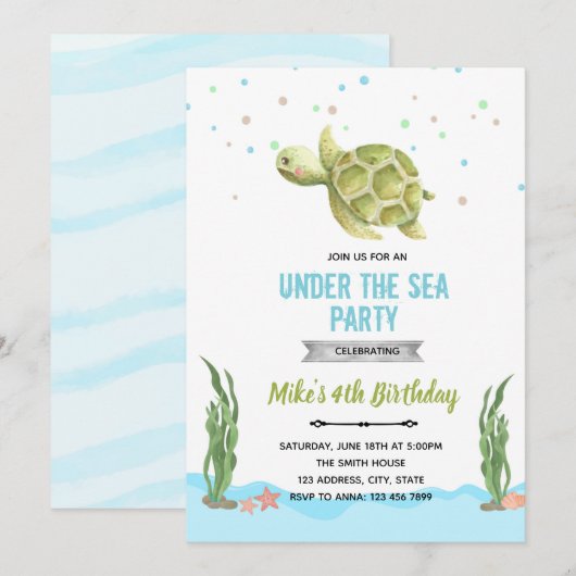 Jonge schildpad in het kader van de zee-uitnodigin kaart (Voorkant / Achterkant)