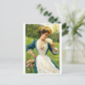 Jonge schoonheid met een mand Rozen Briefkaart (Staand voorkant)