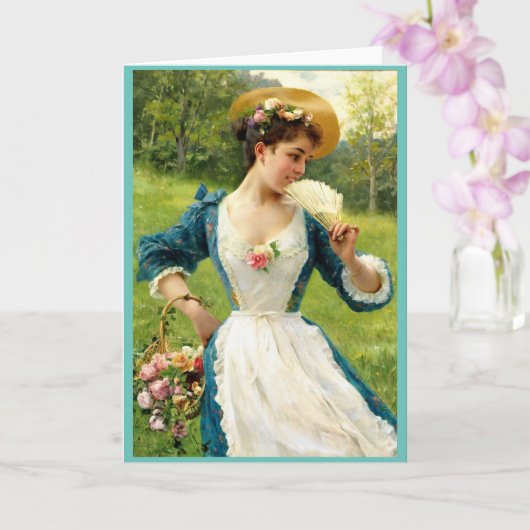 Jonge schoonheid met een mand Rozen Kaart (Orchidee)