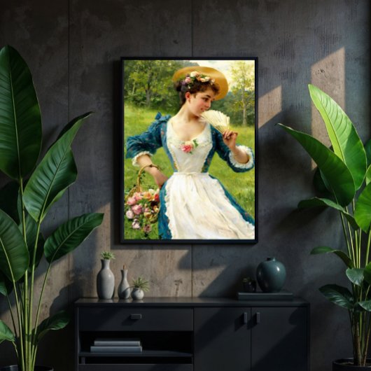 Jonge schoonheid met een mand Rozen Poster