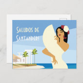 Jonge Spaanse Dame poseren met fan in de kust van  Briefkaart (Voorkant / Achterkant)