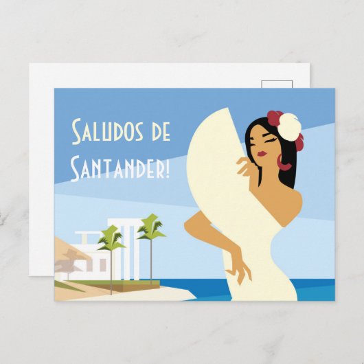 Jonge Spaanse Dame poseren met fan in de kust van  Briefkaart (Voorkant / Achterkant)