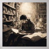 Jonge student ondergedompeld in bibliotheek: inspi poster (Voorkant)