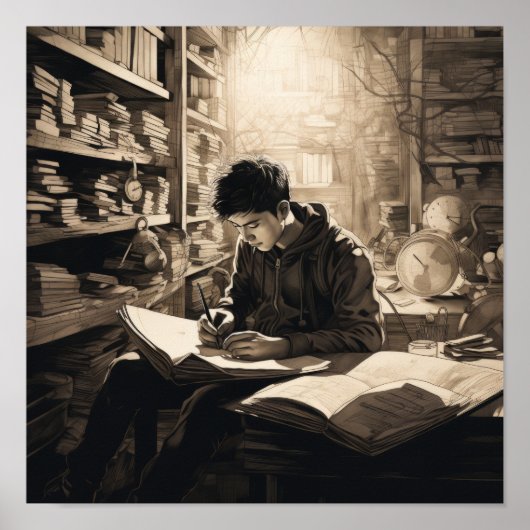 Jonge student ondergedompeld in bibliotheek: inspi poster (Voorkant)