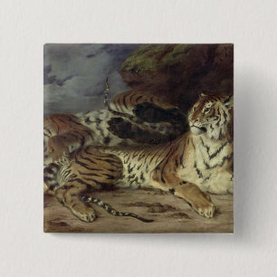 Jonge tijger die met zijn moeder speelt, 1830 (oli vierkante button 5,1 cm