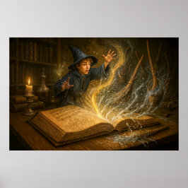 Jonge tovenaar met boek fantasie illustratie poster