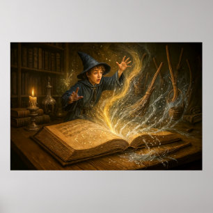 Jonge tovenaar met boek fantasy illustratie poster