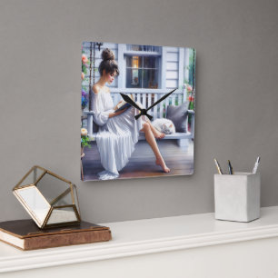 Jonge vrouw die een boek met kat lezen vierkante klok