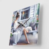 Jonge vrouw die een boek met kat lezen vierkante klok (Hoek)