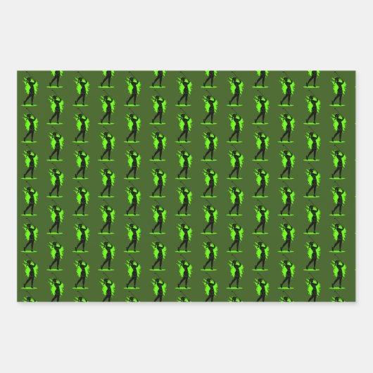 Jonge vrouw die Golf Green Black Pattern Gift spee Inpakpapier Vel (Voorkant)