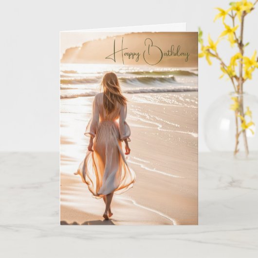 Jonge Vrouw die het Strand voor Verjaardag lopen Kaart (Gele Bloem)