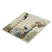 Jonge vrouw die in een dagjurk leest met een uitge tegeltje (Zijkant)