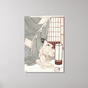 Jonge vrouw die knielt door haar muggennet, 1766 canvas afdruk