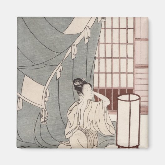 Jonge vrouw die knielt door haar muggennet, 1766 magneet (Voorkant)