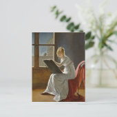 Jonge vrouw die naast een raam tekent briefkaart (Staand voorkant)