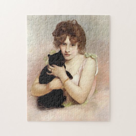 Jonge vrouw die zwarte kat balletdanseres vasthoud legpuzzel (Verticaal)