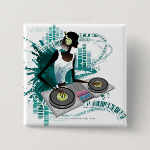 Jonge vrouw Dj Gebruikend Platenspeler in Nightclu Vierkante Button 5,1 Cm