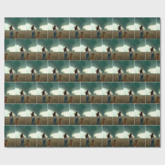 Jonge vrouw en hond kijken naar een tornado cadeaupapier (Vlak)