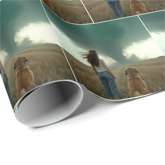 Jonge vrouw en hond kijken naar een tornado cadeaupapier (Rol Hoek)