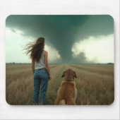 Jonge vrouw en hond kijken naar een tornado muismat (Voorkant)