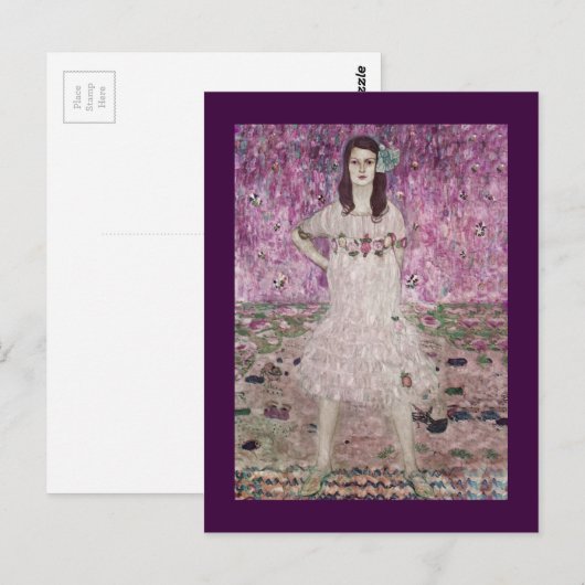 Jonge vrouw en roze bloemen briefkaart (Voorkant / Achterkant)