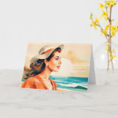 Jonge vrouw geniet van de zon aan de kust kaart (Gele Bloem)