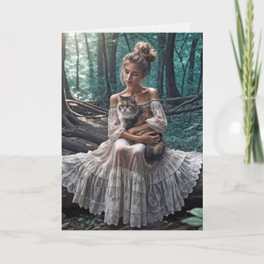 Jonge vrouw in Bos met kat Kaart (Voorkant)