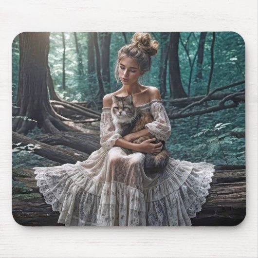 Jonge vrouw in Bos met kat Muismat (Voorkant)