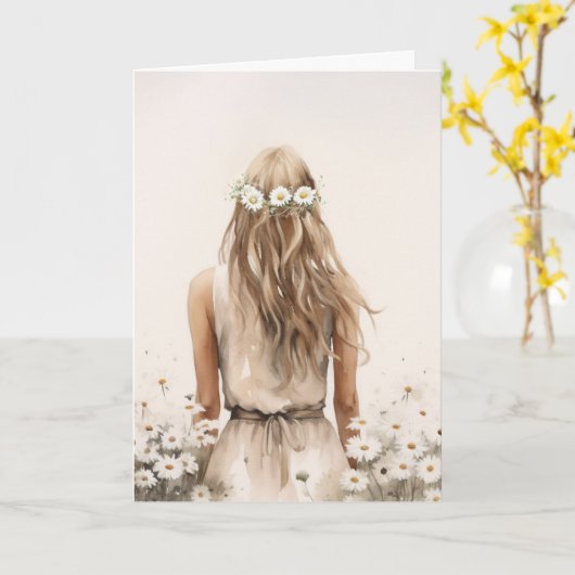 Jonge vrouw in Daisy Field Kaart (Gele Bloem)