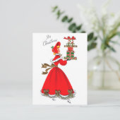 Jonge vrouw in rode jurk met kerstcadeaus briefkaart (Staand voorkant)
