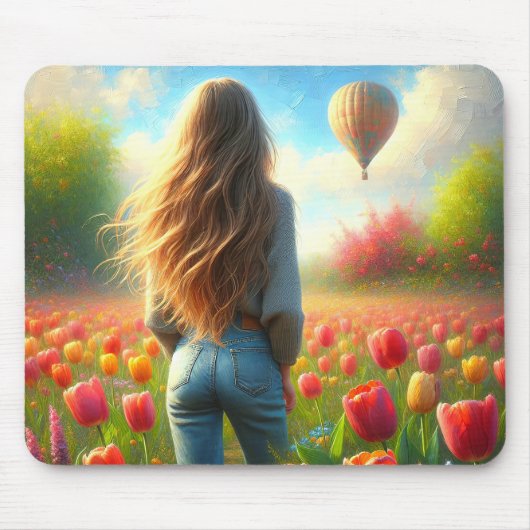 Jonge vrouw in tulpengebied muismat (Voorkant)