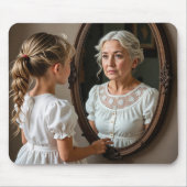 Jonge vrouw kijkt naar oma-reflectie muismat (Voorkant)