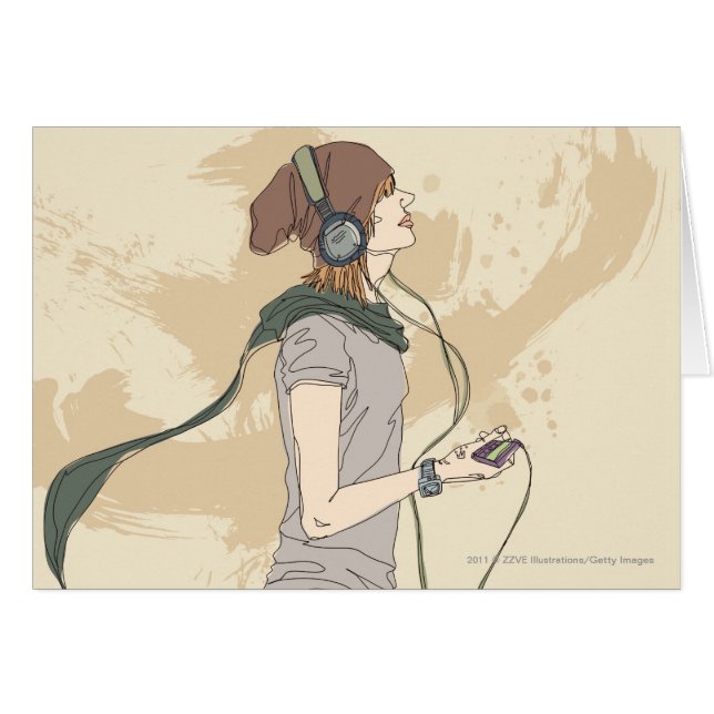 Jonge vrouw luistert muziek (Voorkant Horizontaal)